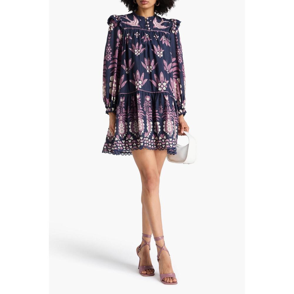 Farm Rio Ainika Martina Long Sleeve Mini Dress Dark Blue